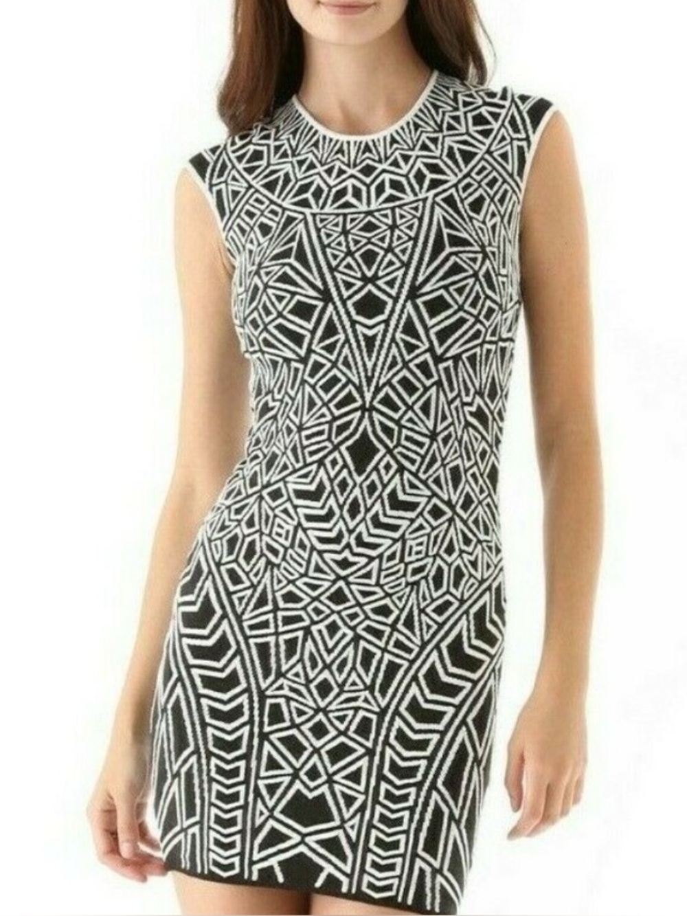 RVN Geometric Jacquard Black White Bodycon Mini Dress Size S NWOT!